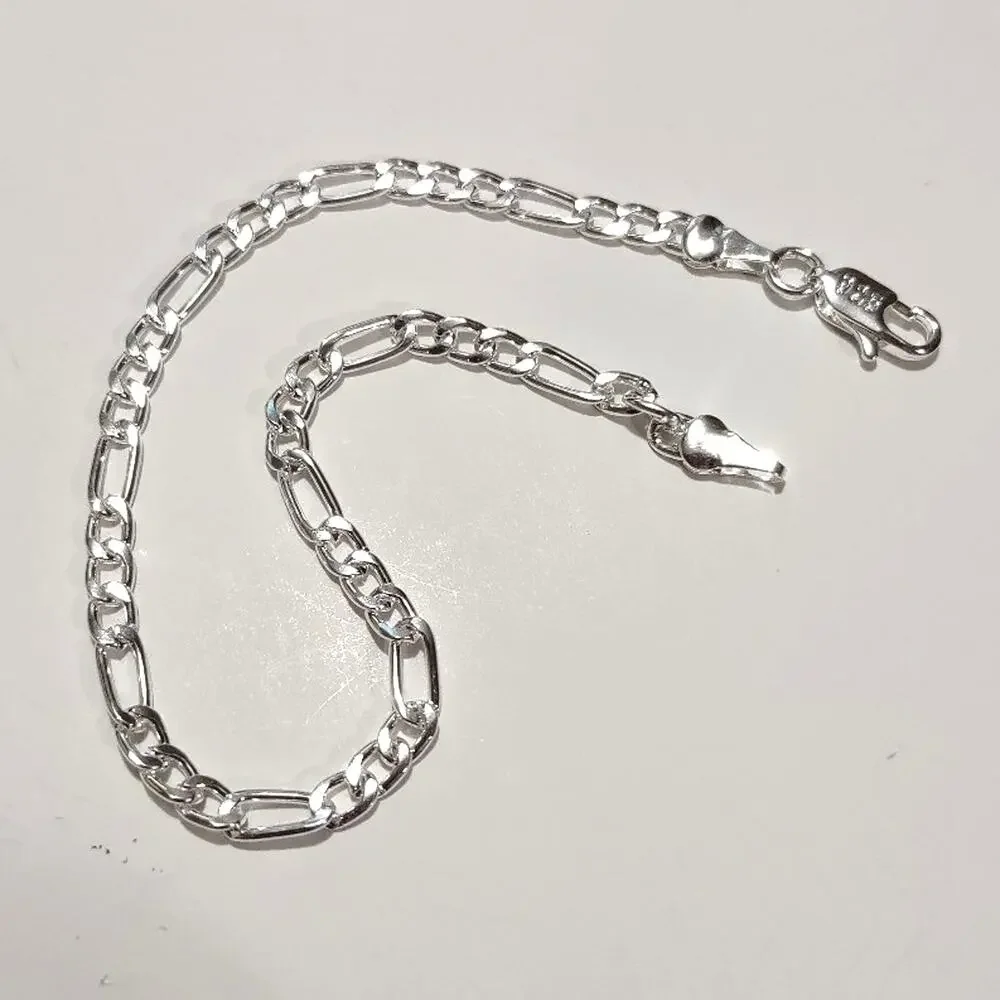 925 Silver Plated Bracelet Figaro Chain Valentines Christmas Birthday Gift - NEW